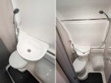 The sliding basin (left) and the toilet and shower head (right)