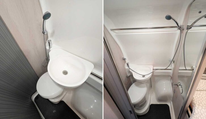 The sliding basin (left) and the toilet and shower head (right)