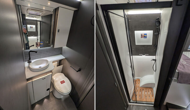 The central washroom in the 584 (left) and shower cubicle (right)