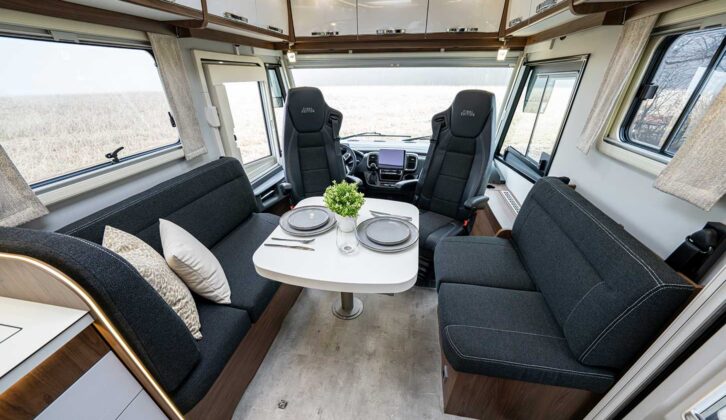 The front lounge with the cab seats swivelled round in the Frankia Titan 790 GDW