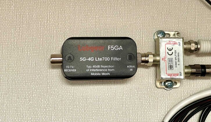 The filter unit attached to the co-ax TV adaptor