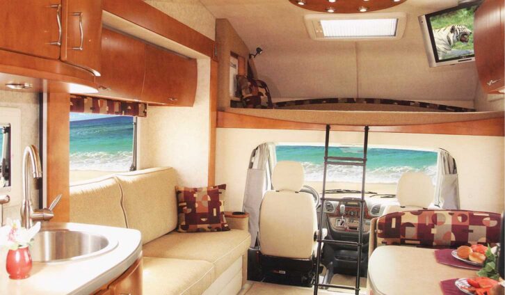 The interior, with contemporary cabinetwork and the slide-out deployed
