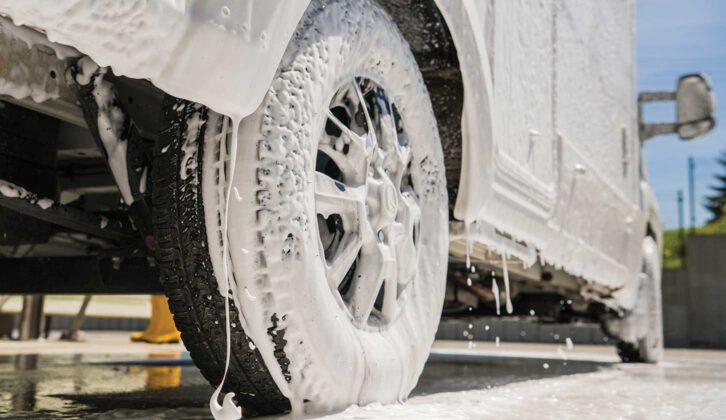 A motorhome in the process of being cleaned