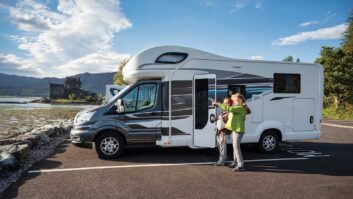 An overcab motorhome parked up