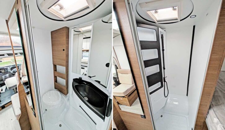 The washroom (left) and shower cubicle (right)