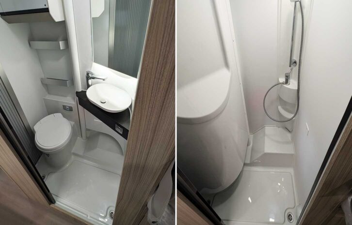 The washroom (left) and shower cubicle (right)