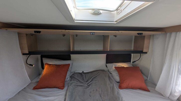 The rear beds and overhead lockers in the Joa by Pilote motorhome