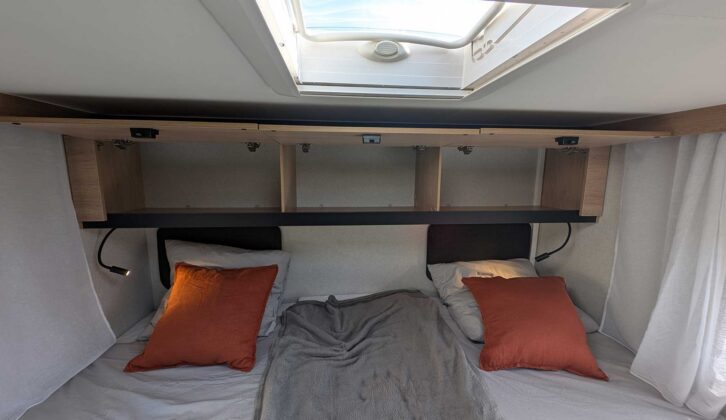 The rear beds and overhead lockers in the Joa by Pilote motorhome