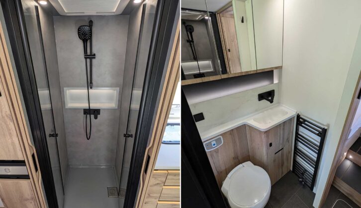 The shower cubicle (left) and main washroom (right)
