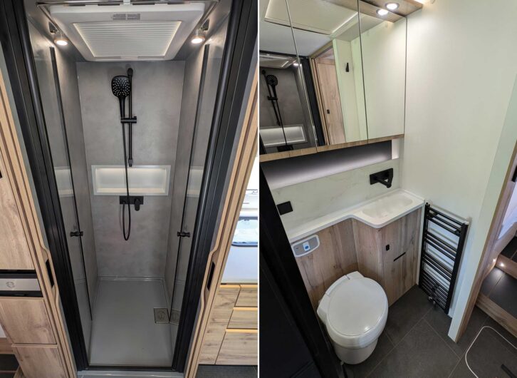 The shower cubicle (left) and main washroom (right)