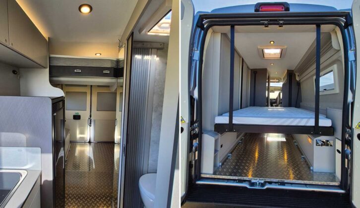Looking down to the rear of the Inside the Westfalia Nansen 640LS (left) and looking through the barn doors (right)