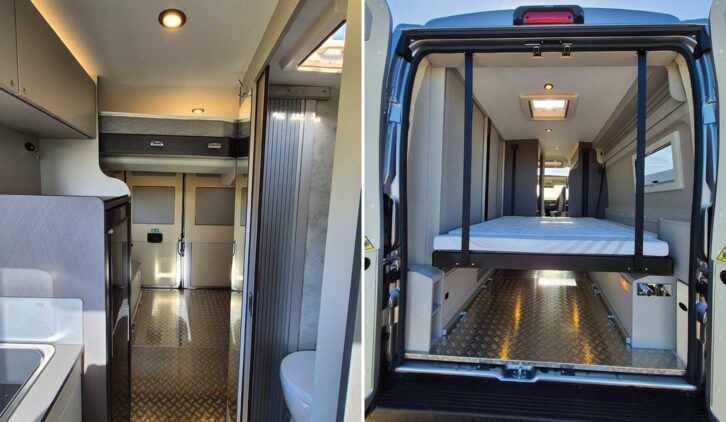Looking down to the rear of the Inside the Westfalia Nansen 640LS (left) and looking through the barn doors (right)