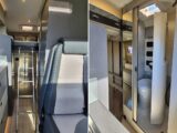 Inside the The Westfalia Nansen 640LS (left) and the washroom (right)