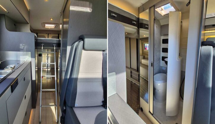Inside the The Westfalia Nansen 640LS (left) and the washroom (right)