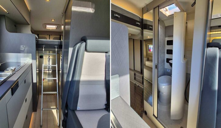Inside the The Westfalia Nansen 640LS (left) and the washroom (right)