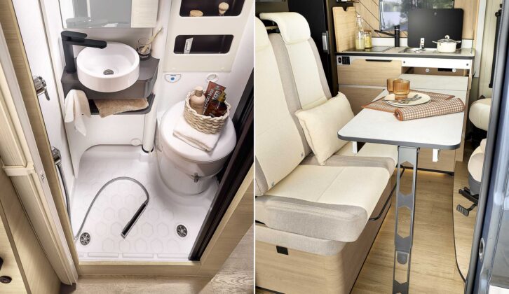 The washroom in the D64 Select (left) and the front dinette (right)