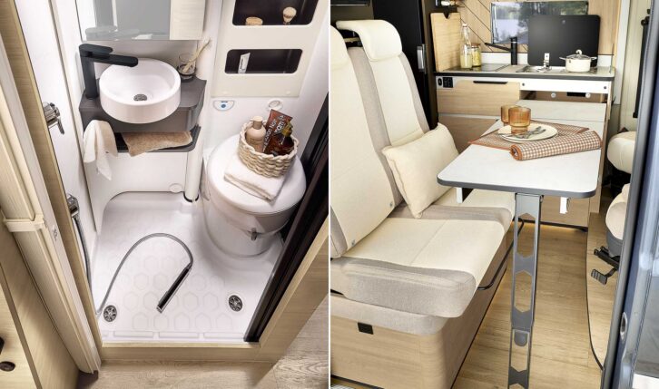 The washroom in the D64 Select (left) and the front dinette (right)