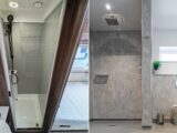 The shower cubicle of the Auto-Sleepers Burford Duo (left) and a shower and toilet at Green Acres (right)