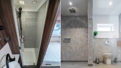 The shower cubicle of the Auto-Sleepers Burford Duo (left) and a shower and toilet at Green Acres (right)