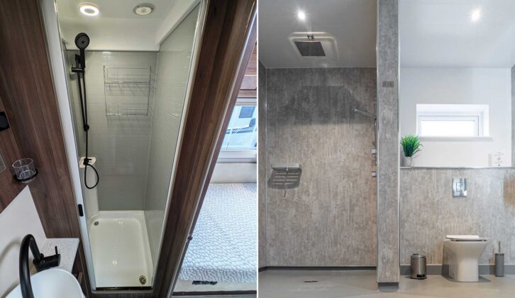 The shower cubicle of the Auto-Sleepers Burford Duo (left) and a shower and toilet at Green Acres (right)