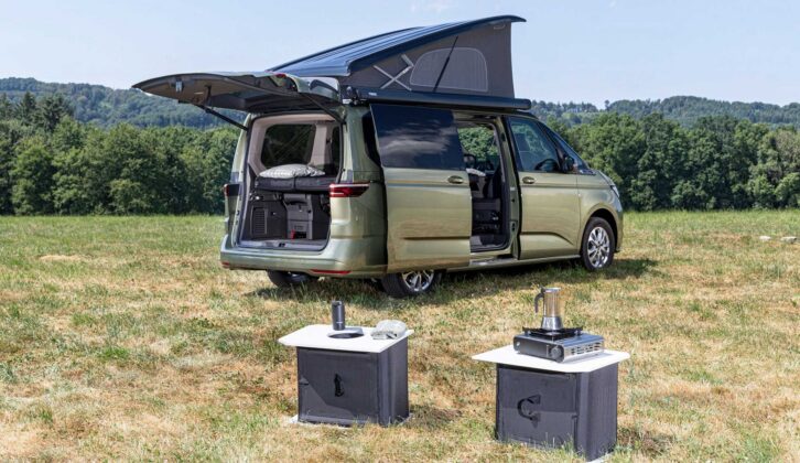 The California pitched up with the two modular kitchen units set up outside the 'van