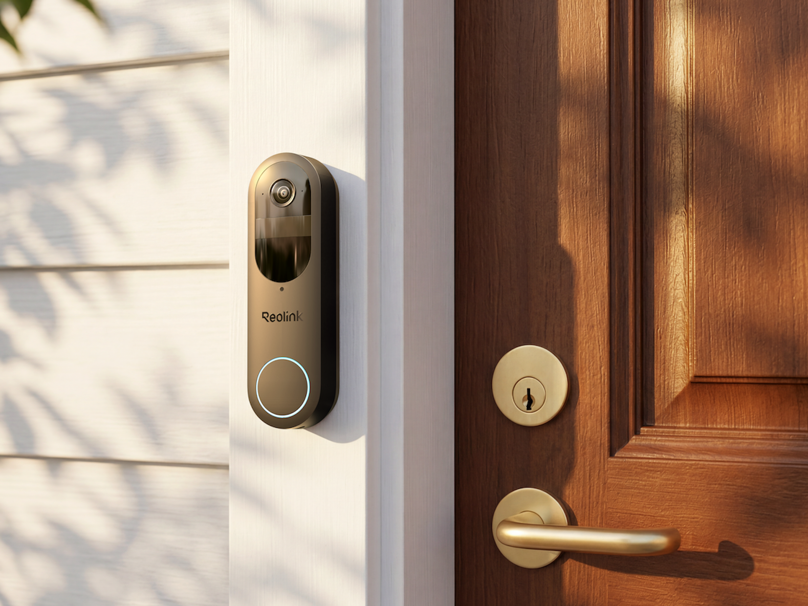 Reolife Video Doorbell positioned beside a domestic front door