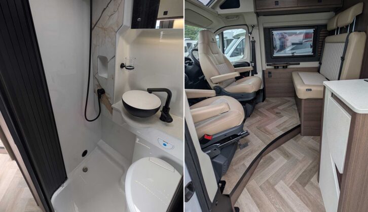The washroom (left) and the cab seats swivelled in to face the dinette