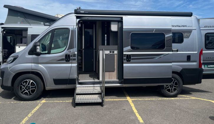 The Swift Carrera 122 from the side, with its sliding door open