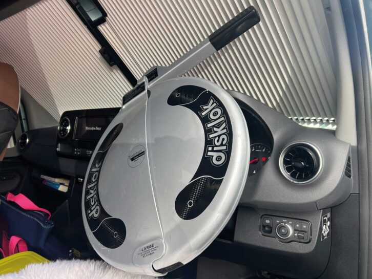 A steering wheel lock in place