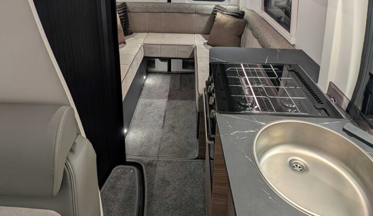 Looking down past the kitchen to the rear lounge in the B68