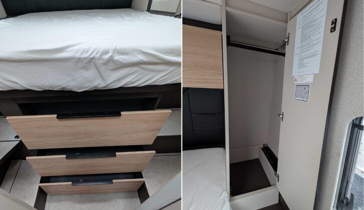 The drawers under the island bed (left); and the wardrobe in the bedroom (right)
