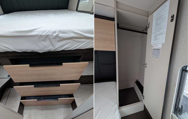 The drawers under the island bed (left); and the wardrobe in the bedroom (right)