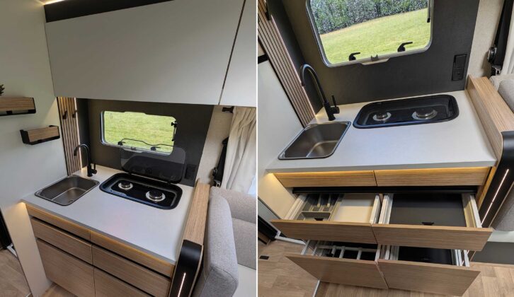 The kitchen (left) and the drawers open (right)