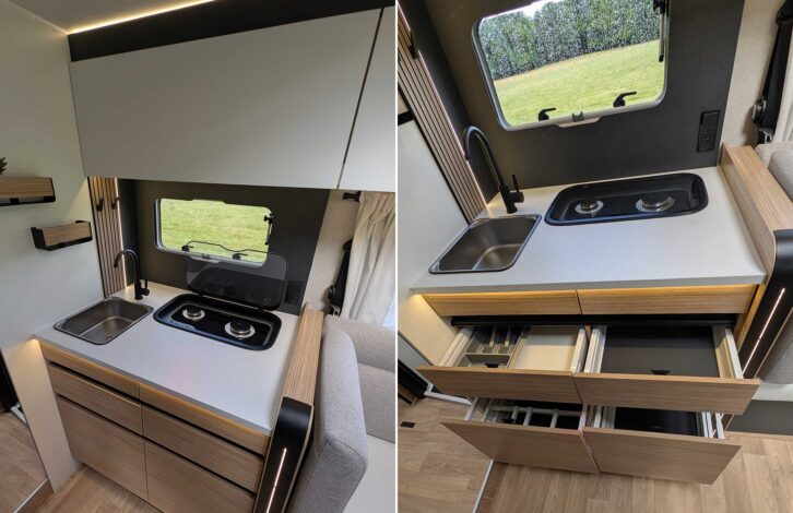 The kitchen (left) and the drawers open (right)
