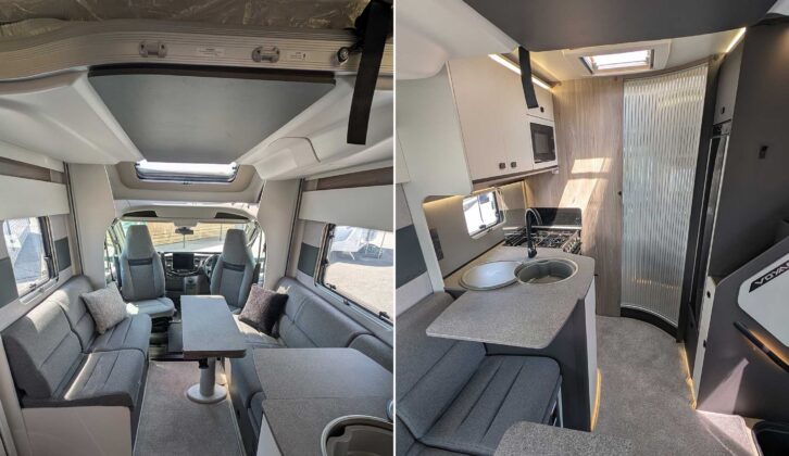 The front lounge and overhead dropdown bed (left) and looking towards the rear of the 'van (right) in the Swift Voyager 540