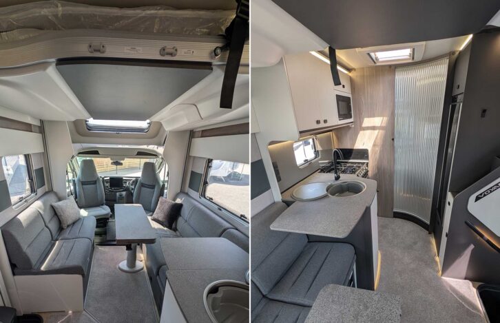 The front lounge and overhead dropdown bed (left) and looking towards the rear of the 'van (right) in the Swift Voyager 540