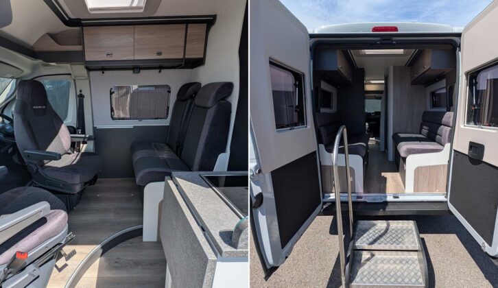The front dinette (left) and rear lounge (right) in the Merlin 144