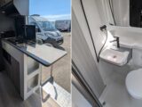 The kitchen (left) and washroom (right) in the Merlin 144