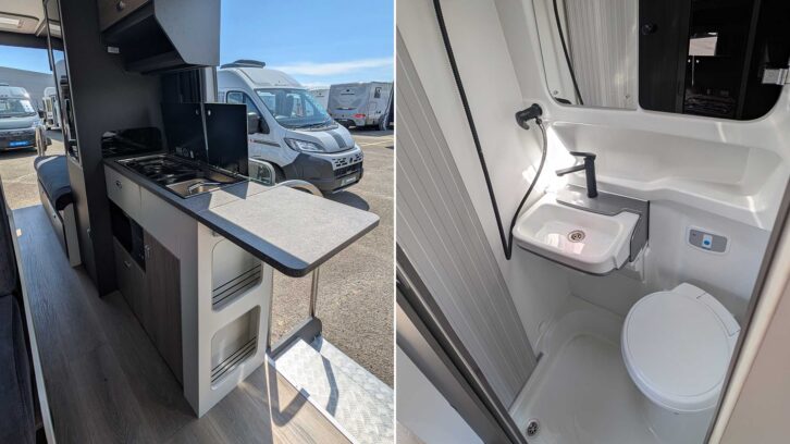 The kitchen (left) and washroom (right) in the Merlin 144
