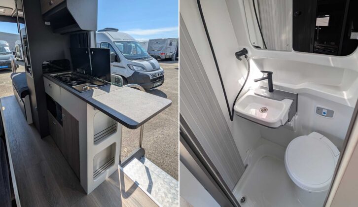 The kitchen (left) and washroom (right) in the Merlin 144
