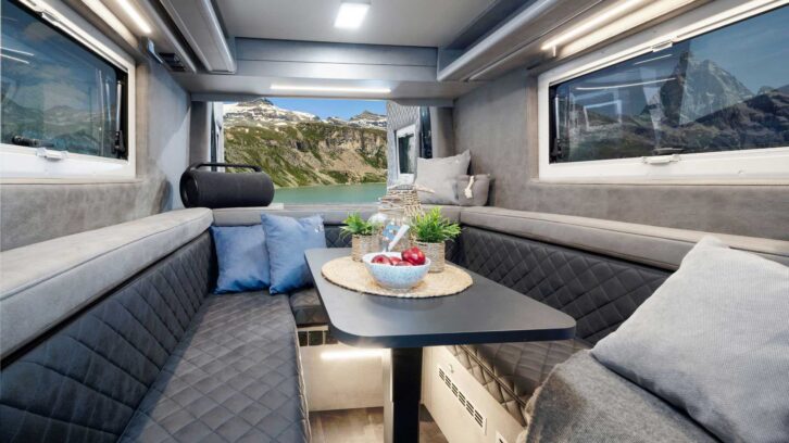The lounge in a Mega Mobil campervan