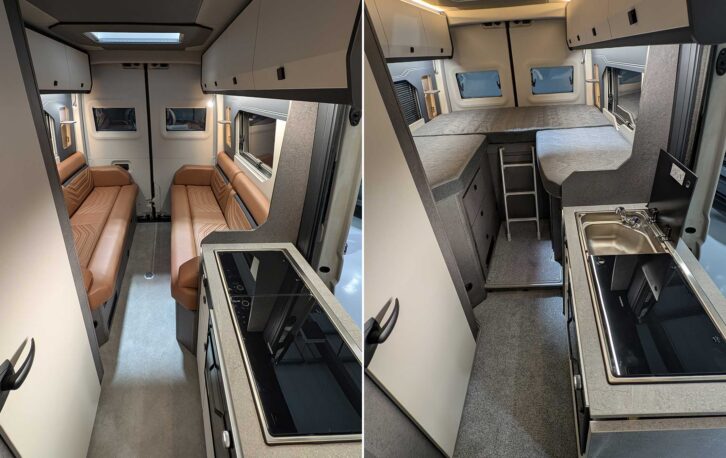 The parallel lounge at the rear of the 600B (left) and the rear beds in the 600G