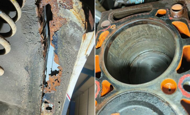 An example of excessive chassis corrosion requiring extensive welding repairs (left); Engine-bore corrosion caused by standing for long periods (right)
