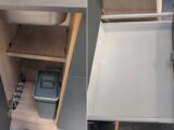 The cupboard beneath the kitchen sink (left) and a kitchen drawer (right)