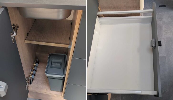 The cupboard beneath the kitchen sink (left) and a kitchen drawer (right)