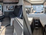 The front lounge (left) and fixed single beds at the back of the Merlin 174