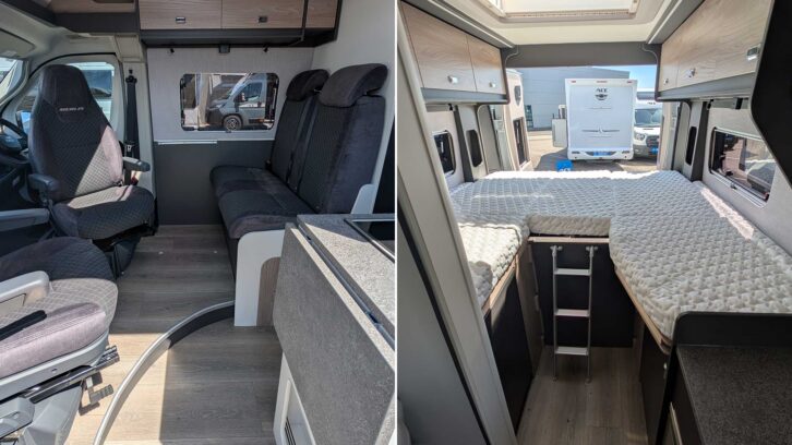 The front lounge (left) and fixed single beds at the back of the Merlin 174