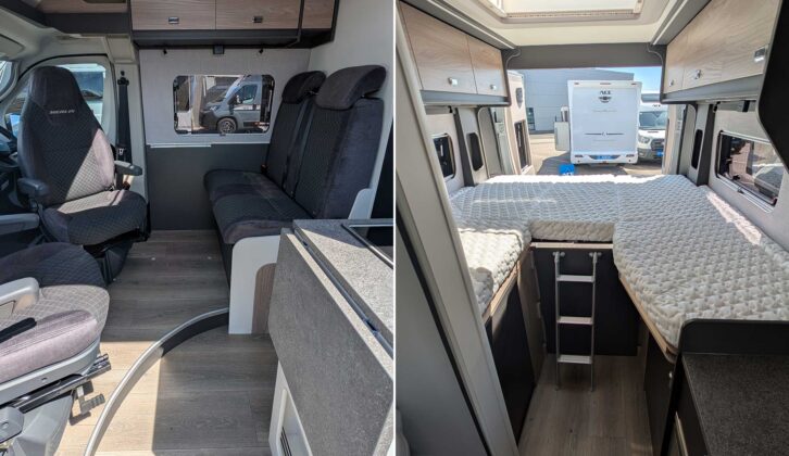 The front lounge (left) and fixed single beds at the back of the Merlin 174