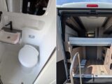 The washroom in the 264 (left) and the storage area beneath the bed (right)