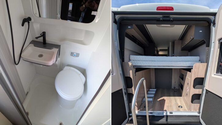 The washroom in the 264 (left) and the storage area beneath the bed (right)